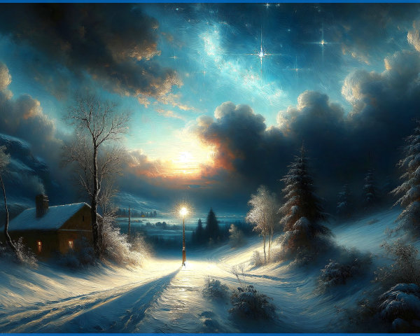 Serene Winter Landscape with Snowy Path and Cabin