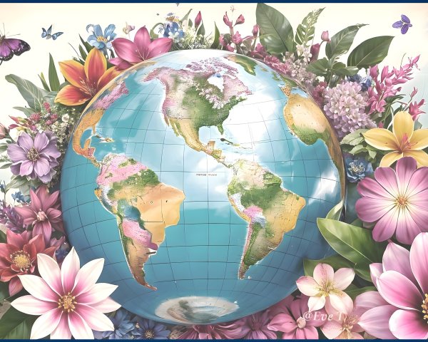Illustrated globe with flowers and butterflies surrounding it