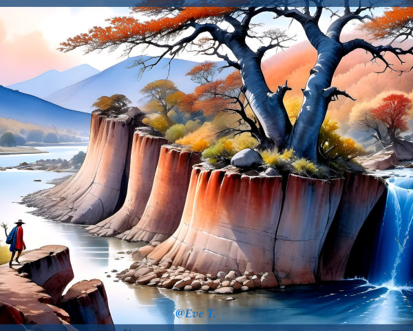 Tranquil River and Autumn Landscape with Waterfall