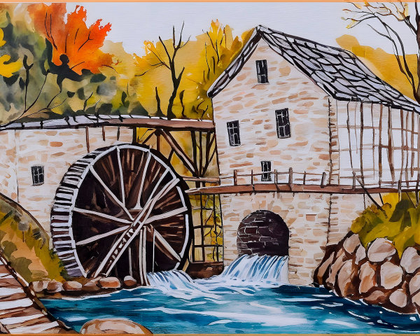 Charming watermill beside a stream in autumn scenery