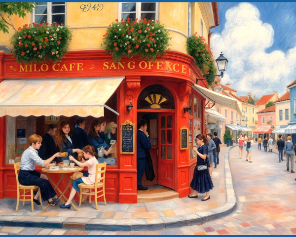 Charming Café in Vibrant Cobblestone Street Scene
