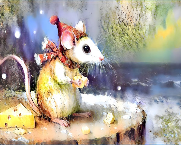 Mouse in festive attire on snow-covered rock