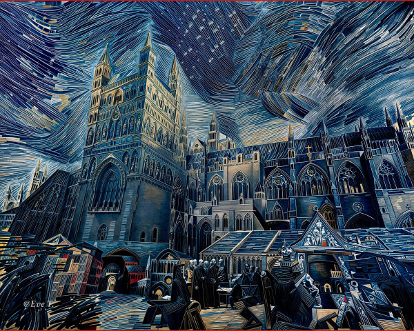 Digital Painting of Gothic Cathedral and Cityscape