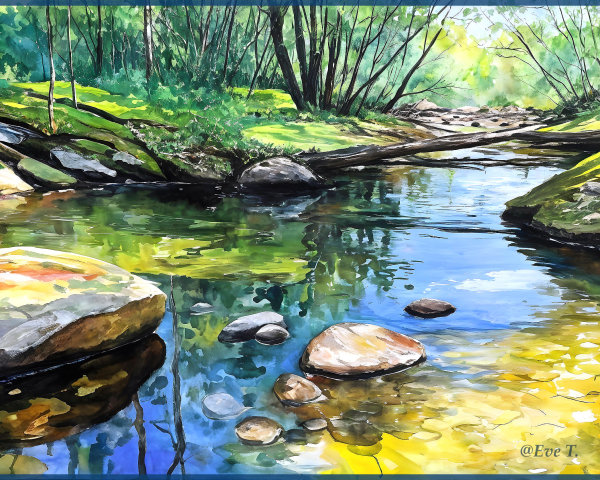 Watercolor of a serene stream in a lush landscape