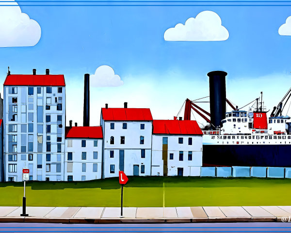 Vibrant Waterfront Scene with Ship and Coastal Buildings