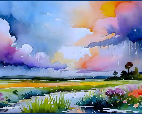 Vibrant Watercolor Landscape of Meadows and River