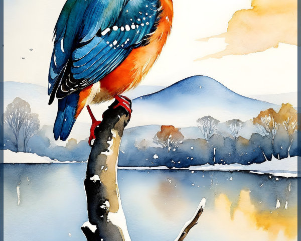 Kingfisher on Snowy Branch in Winter Landscape