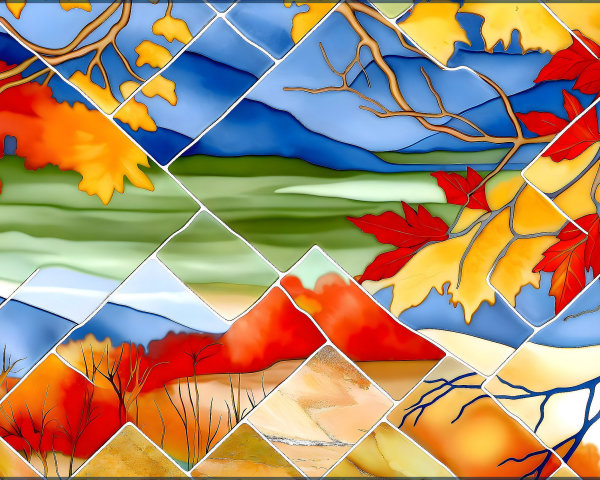 Vibrant Stained Glass Artwork Depicting Autumn Landscapes