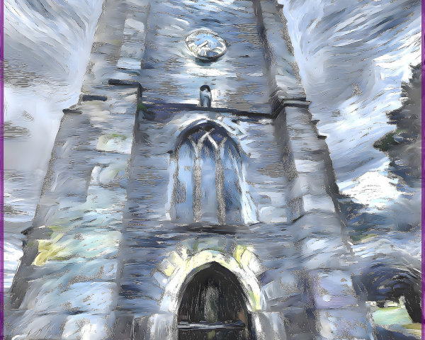 Historical stone tower with clock and stormy skies
