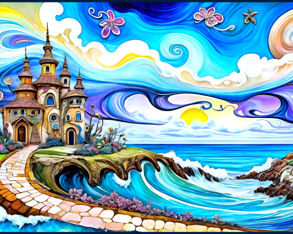 Dreamlike Landscape with Fairy-Tale Castles and Ocean
