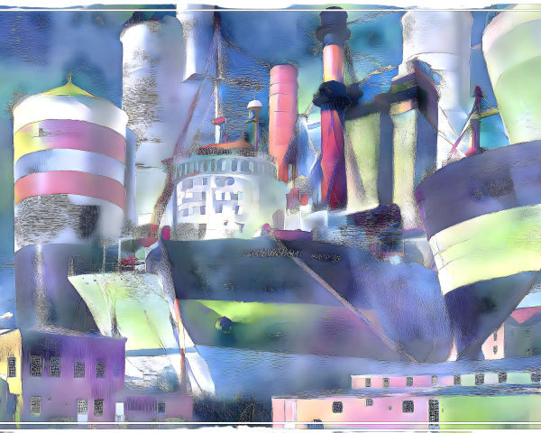 Abstract Harbor Scene with Colorful Ship and Pastels