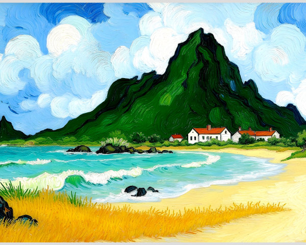 Coastal Scene with Mountain, Beach, and Houses