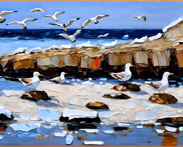 Coastal Scene with Rocky Shoreline and Seagulls