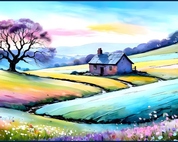 Dreamy Landscape with Cottage and Colorful Fields