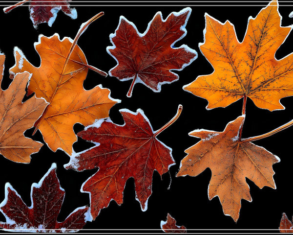 Autumn Leaves in Vibrant Hues Against Dark Background