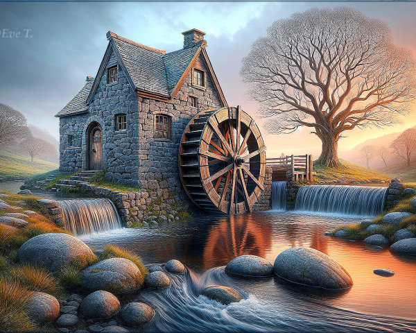 Charming Cottage with Waterwheel in Scenic Landscape