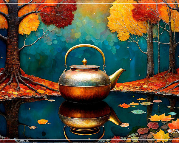 Autumn Scene with Bronze Kettle and Colorful Foliage