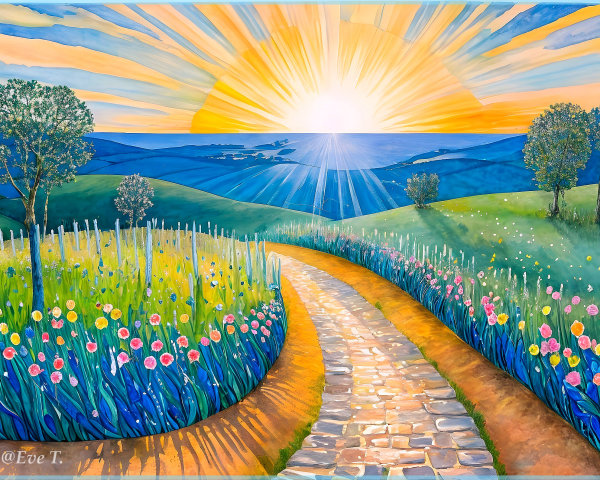 Vibrant Landscape with Winding Path and Blooming Flowers
