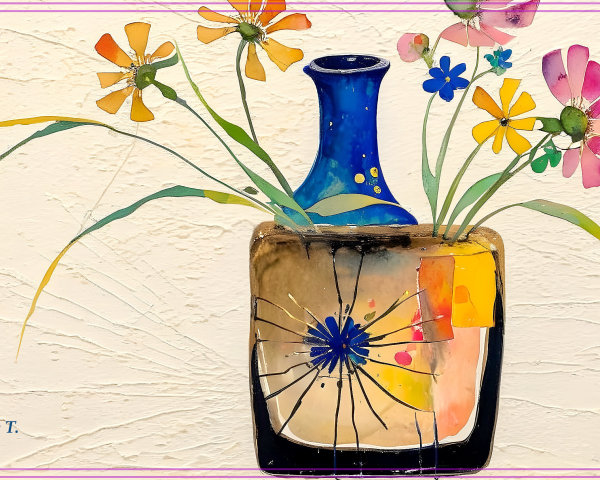 Vibrant Still Life with Blue Vase and Colorful Flowers