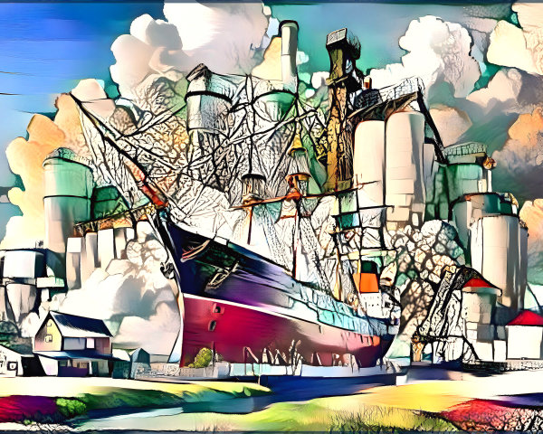 Traditional Ship Against Industrial Landscape Background
