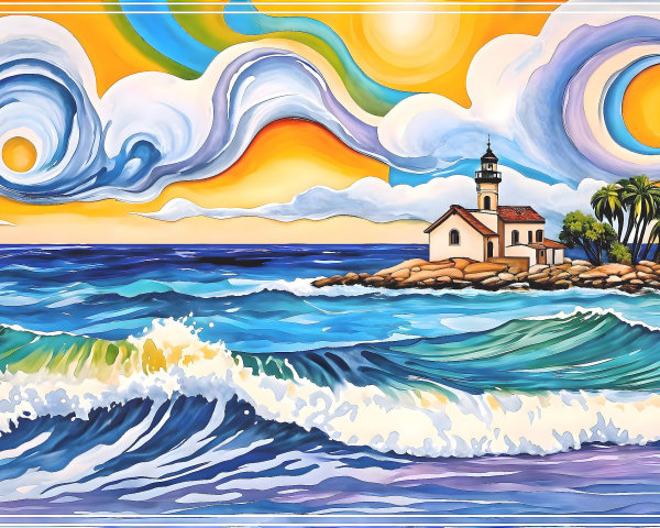 Vibrant Coastal Scene with Lighthouse and Palm Trees