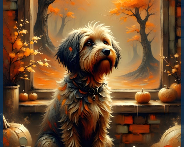 Dog by Window Surrounded by Autumn Foliage and Pumpkins