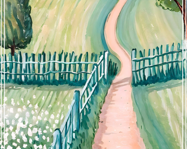 Countryside Scene with Pathway and Quaint House