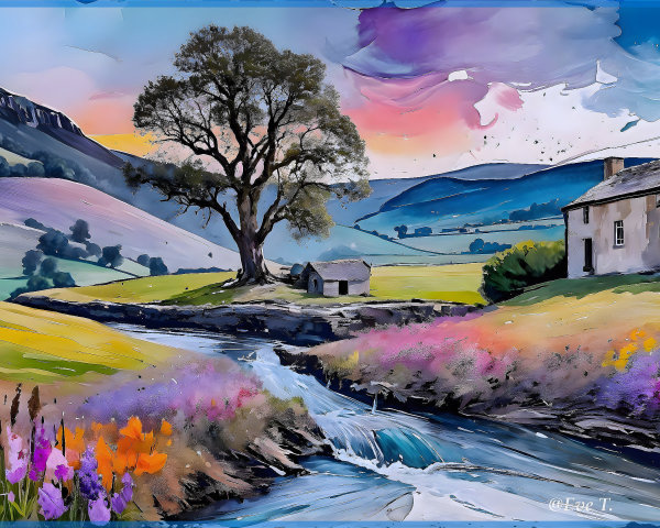 Vibrant Landscape with Rolling Hills and Sunset Sky