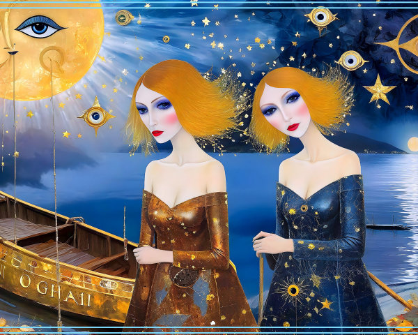 Women in Metallic Dresses by a Mystical Night Lake
