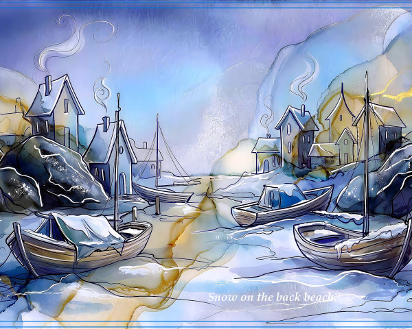 Art Nouveau Arctic Landscape with Village and Boats