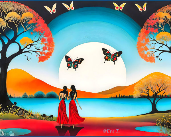 Women in Red Dresses by a Serene Lake at Night