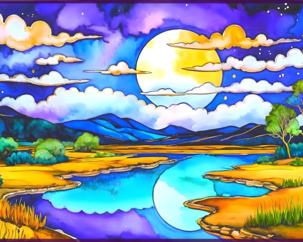 Vibrant Landscape with River and Full Moon Reflection