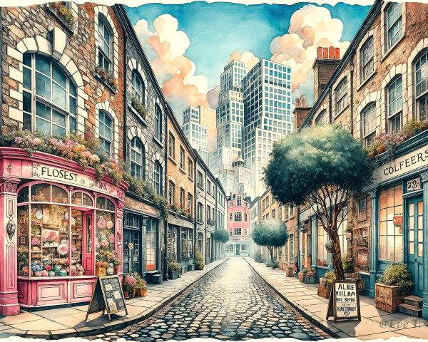 Charming Cobblestone Street with Flower Shop and Café