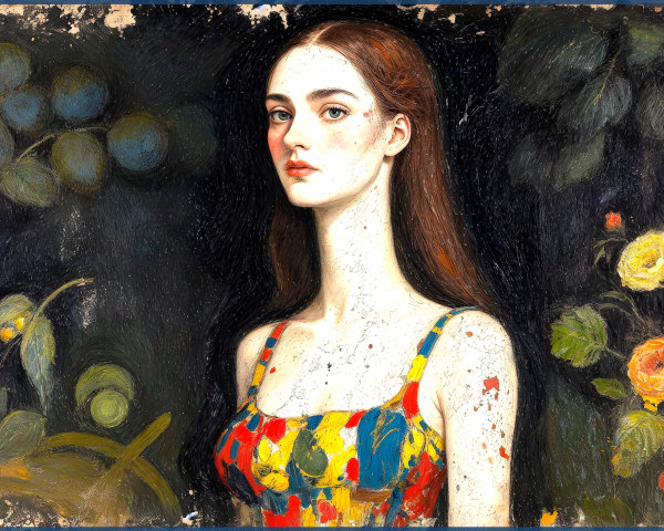 Portrait of a Young Woman with Floral Dress and Nature