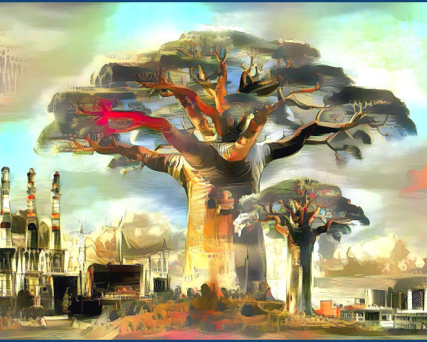 Surreal landscape with a giant textured tree and industry