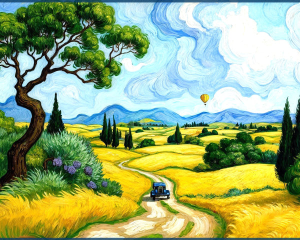 Vibrant Landscape of Wheat Fields and Mountains