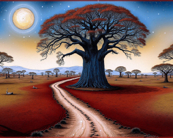 Surreal Landscape with Winding Path and Twilight Sky