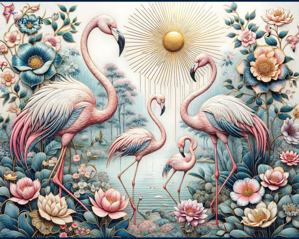 Colorful Flamingos Among Flowers and Water Lilies