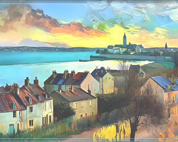 Quaint village landscape by a shimmering river at sunset