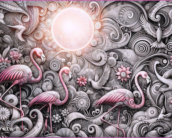 Monochromatic Scene of Stylized Flamingos and Nature