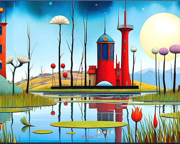Surreal Landscape with Red Towers and Whimsical Lighthouse