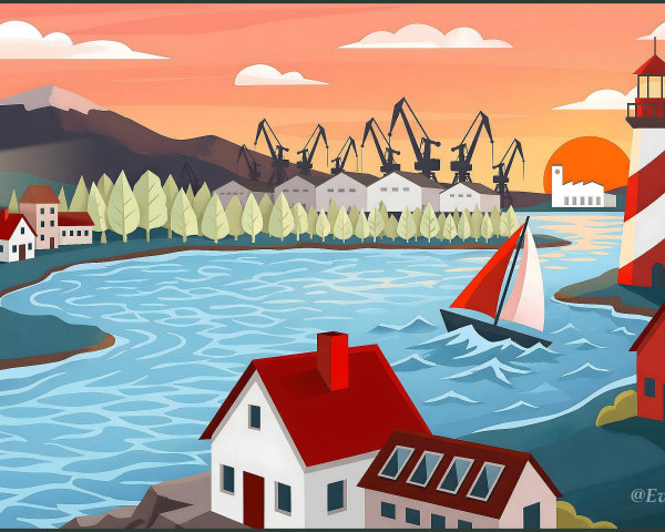 Colorful Coastal Town with Lighthouse and Sailboat Scene