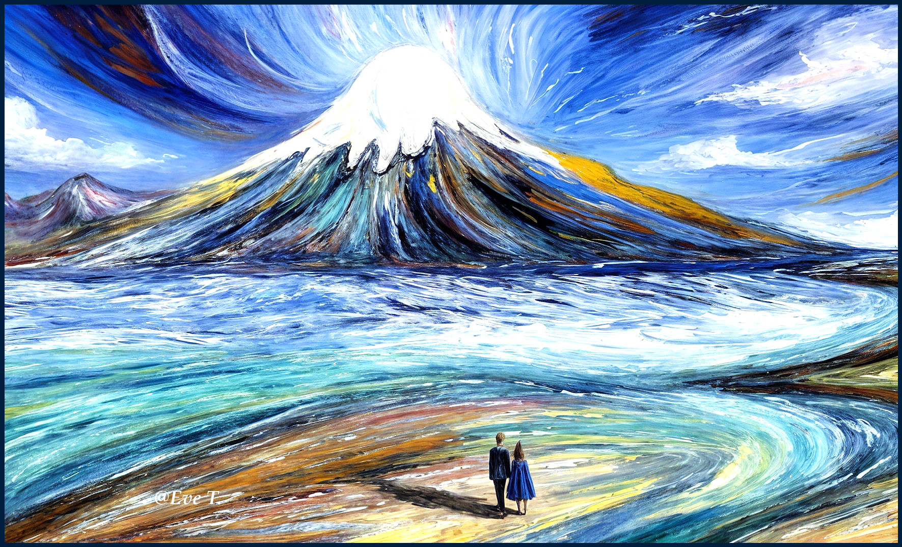 Couple on Beach with Snow-Capped Mountain View