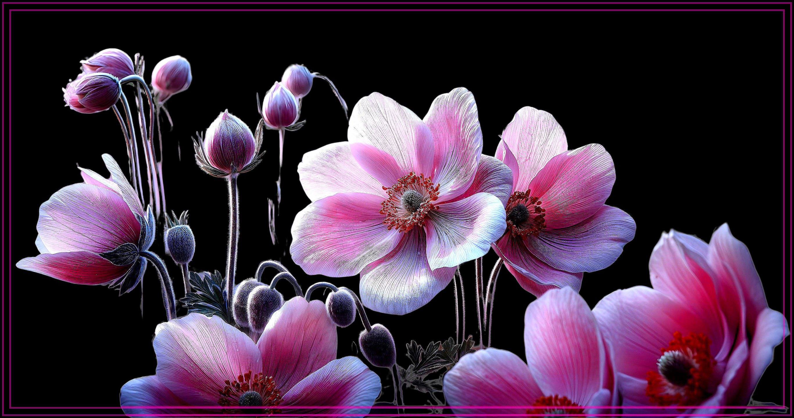 Vibrant Pink Flower Arrangement on Black Background