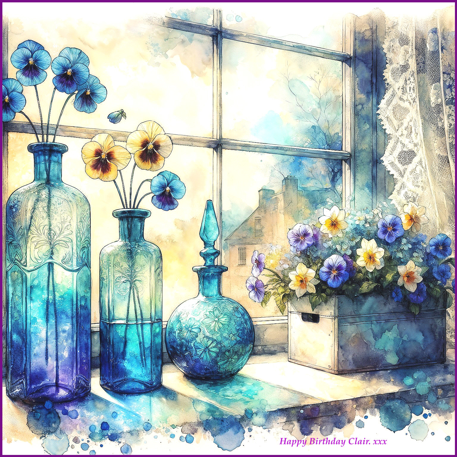 Sunlit Window Scene with Vibrant Flower Vases