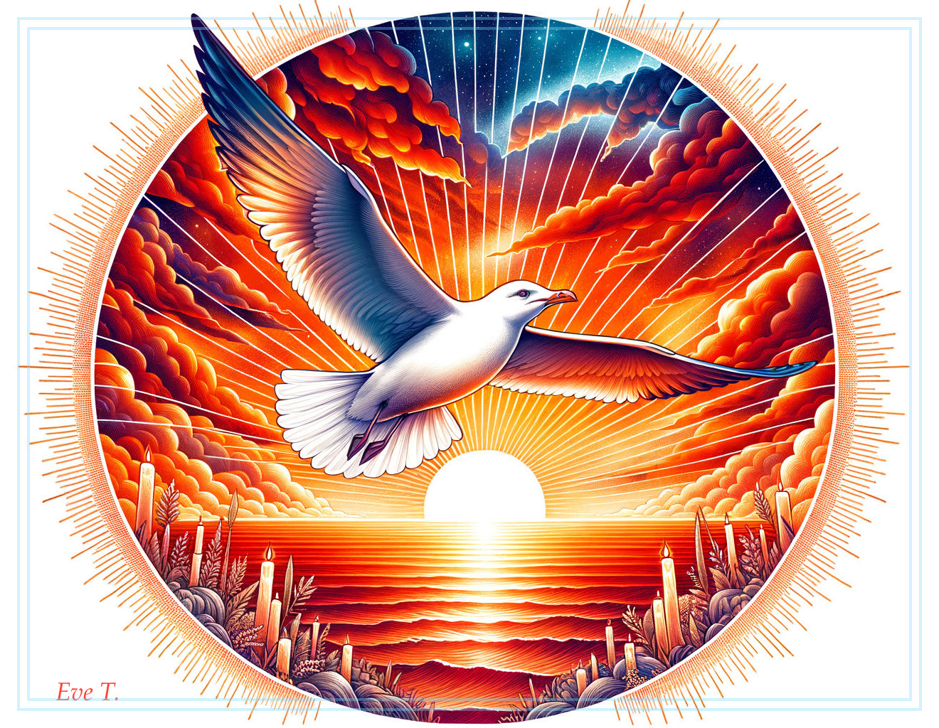 Seagull Soaring Above Sunset Over Ocean Waves