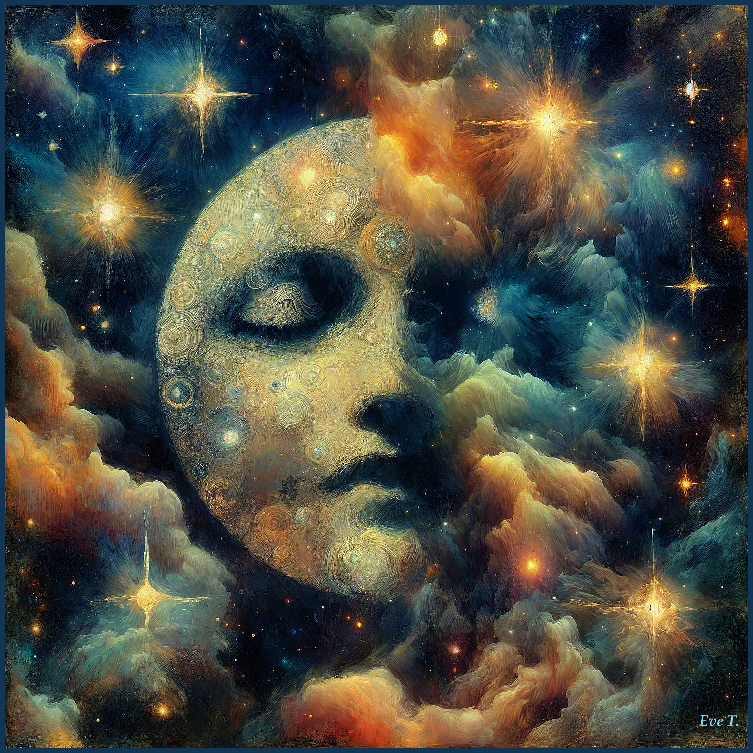 Ethereal Cosmic Scene with Moon Face and Vibrant Clouds