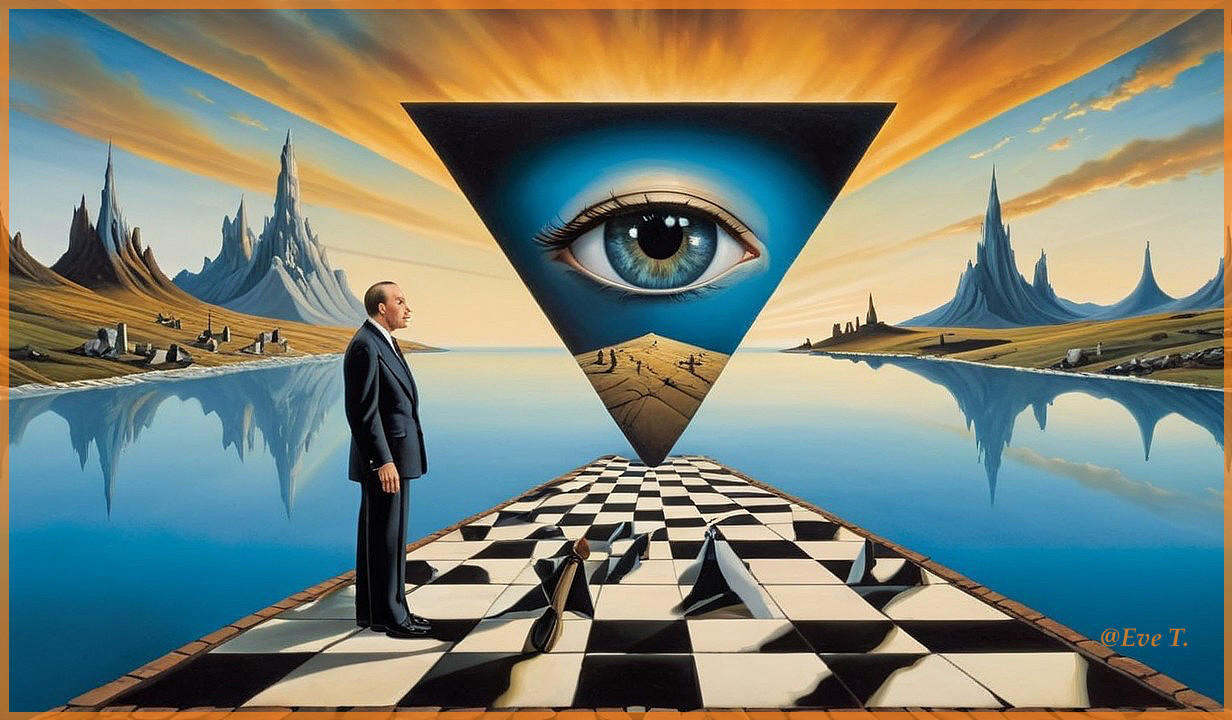 Surreal Landscape with Man, Checkered Pathway, Eye Symbol