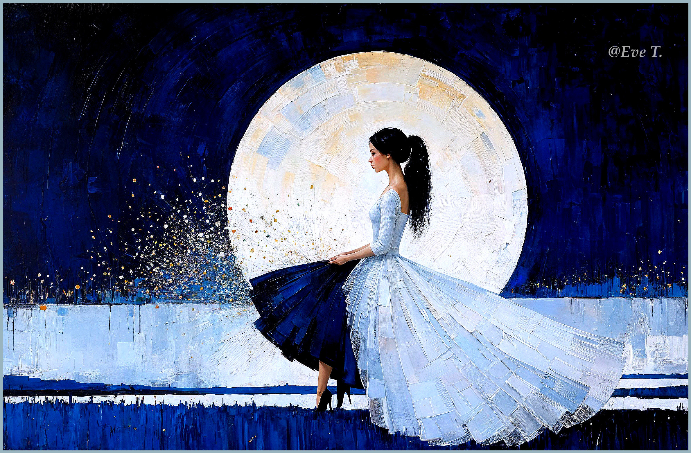 Graceful Figure in Blue-and-White Dress Against Moonlight