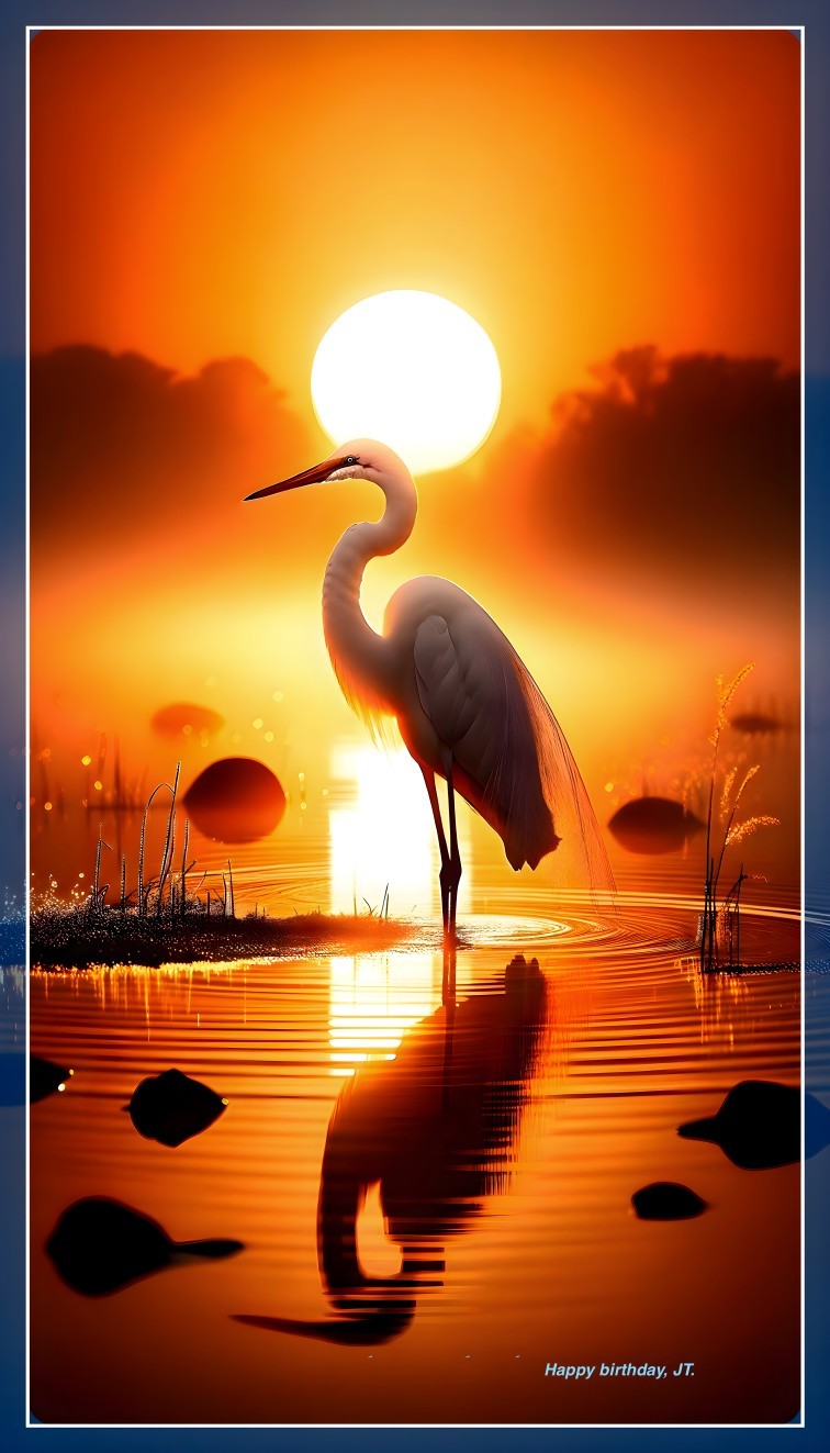 Sunset Scene with White Heron in Still Waters